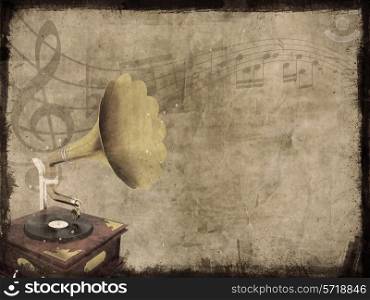 Dirty grunge background with old gramophone and music notes