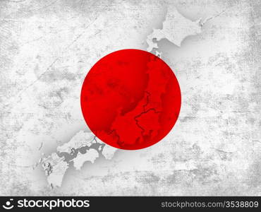Dirty Japanese flag with map of Japan. 3d