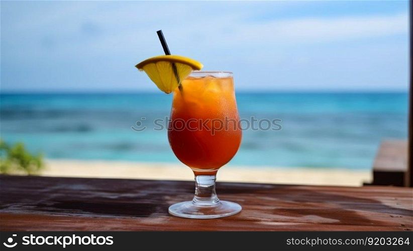 Dirty Monkey cocktail on background with blue sea and sky tropical background. Generative AI.. Dirty Monkey cocktail on background with blue sea and sky tropical background. Generative AI