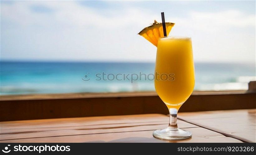 Dirty Monkey cocktail on background with blue sea and sky tropical background. Generative AI.. Dirty Monkey cocktail on background with blue sea and sky tropical background. Generative AI