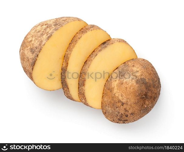 Dirty sliced potato isolated over white background. Organic bio raw vegetable. View from above. Dirty Sliced Potato Isolated Over White Background