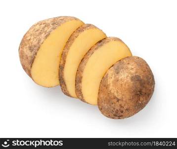 Dirty sliced potato isolated over white background. Organic bio raw vegetable. View from above. Dirty Sliced Potato Isolated Over White Background
