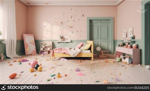 Dirty untidy room. Chaos in the interior. Inaccurate lifestyle. The concept of the ordinary life of a teenager, a child. AI generated.. Dirty untidy room. Chaos in the interior. Inaccurate lifestyle. AI generated.