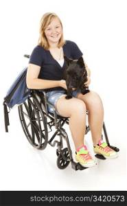 Disabed teen girl with her backpack and her Scotty dog. Full body isolated on white.