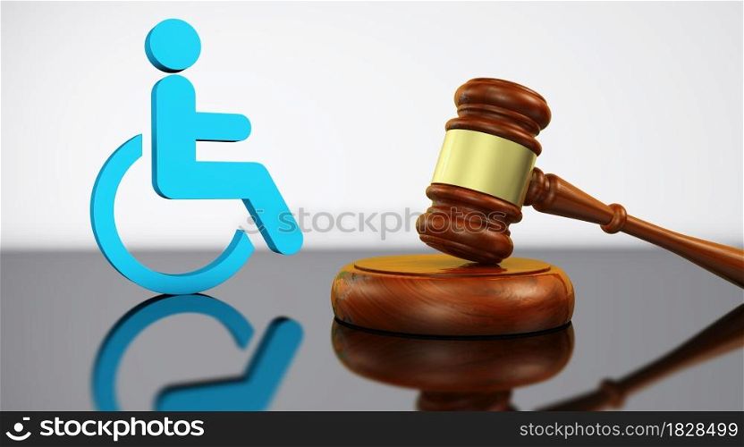Disability law, social justice services and legal acts for disabled people concept with a judge gavel and a wheelchair icon 3D illustration.