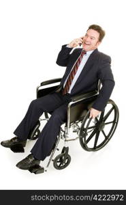 Disabled businessman in wheelchair talking on his cellphone. Full body isolated on white.