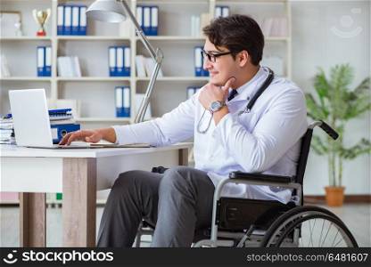 Disabled doctor on wheelchair working in hospital