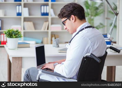 Disabled doctor on wheelchair working in hospital