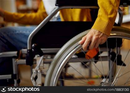 Disabled female student in wheelchair, disability, bookshelf and university library interior on background. Handicapped young woman studying in college, paralyzed people get knowledge. Disabled student in wheelchair, handicapped woman
