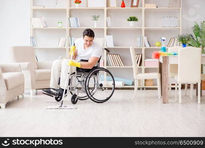 Disabled man cleaning floor at home