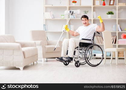 Disabled man cleaning floor at home