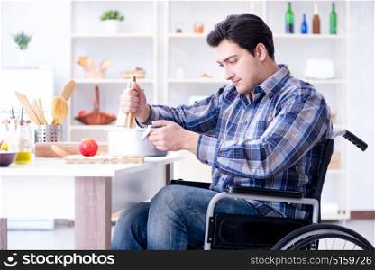 Disabled man preparing soup at kitchen