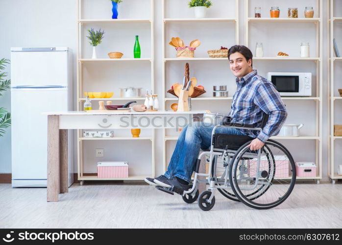 Disabled man preparing soup at kitchen