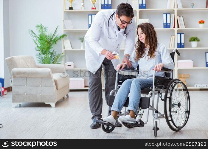 Disabled patient on wheelchair visiting doctor for regular check. Disabled patient on wheelchair visiting doctor for regular check up. Disabled patient on wheelchair visiting doctor for regular check