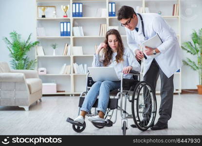 Disabled patient on wheelchair visiting doctor for regular check up. Disabled patient on wheelchair visiting doctor for regular check