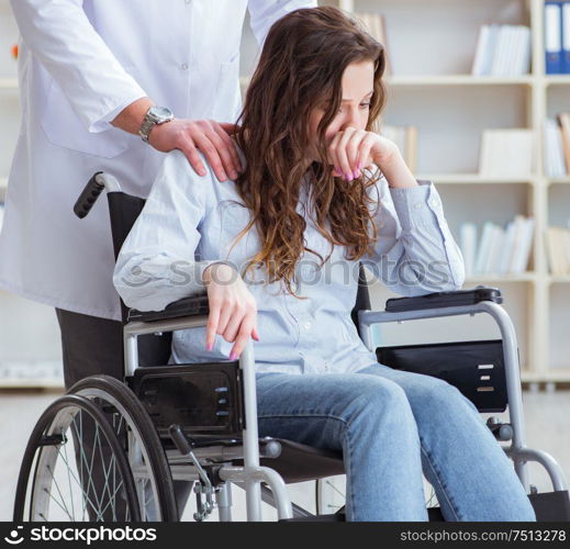 Disabled patient on wheelchair visiting doctor for regular check up. Disabled patient on wheelchair visiting doctor for regular check