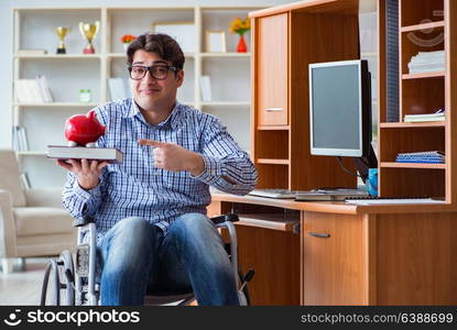 Disabled student studying at home on wheelchair