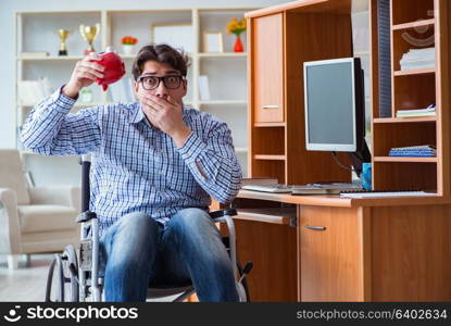 Disabled student studying at home on wheelchair