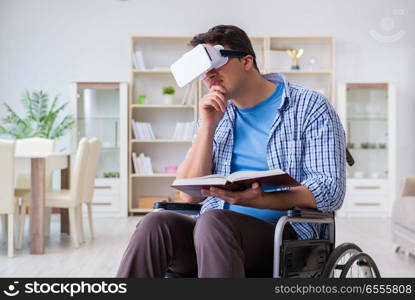 Disabled student studying with virtual reality glasses