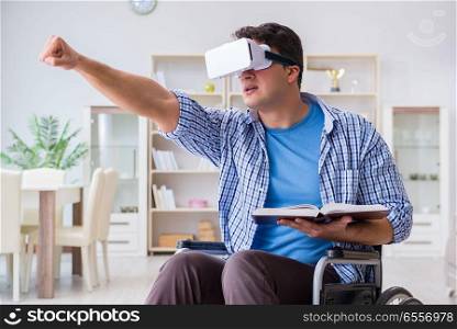 Disabled student studying with virtual reality glasses