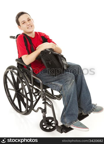 Disabled teen boy in his wheelchair with his backpack. Full body isolted on white.