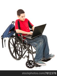 Disabled teen boy using a laptop computer. Full body isolated on white.