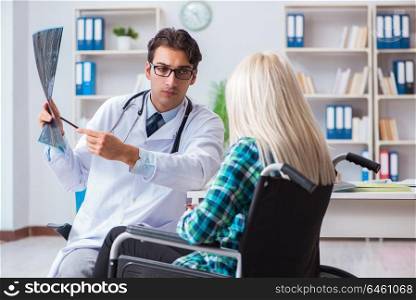 Disabled woman in wheel chair visiting man doctor