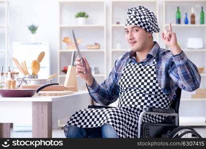 Disabled young man husband working in kitchen