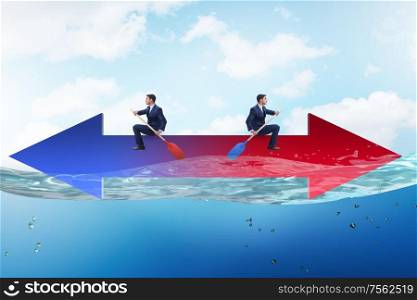 Disagreement concept with businessmen rowing in different directions. Disagreement concept with businessmen rowing in different direct