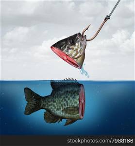 Disappointing profit business concept as a partial fish head on a hook with tehe rest of its body still in the water as a symbol for false promise and underperformance.