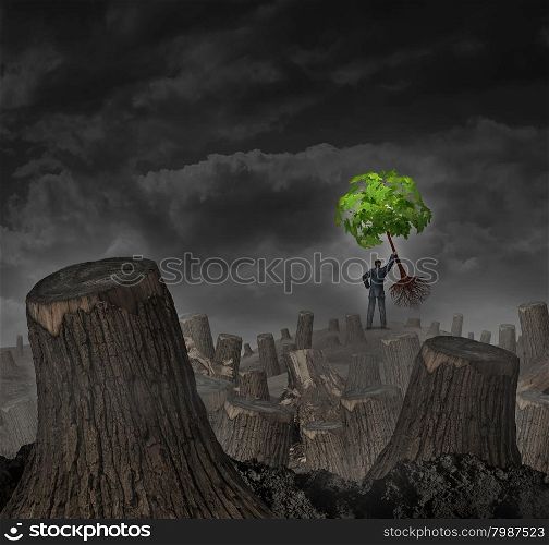Disaster plan concept as a person standing on a hill in a dead forest with cut trees holding up a healthy young green sapling as a symbol of confidence in economic recovery and faith in vision for future growth success.