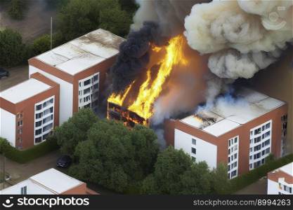 Disasters, fire, aerial view of residential flats in suburb on fire, created with Generative AI technology