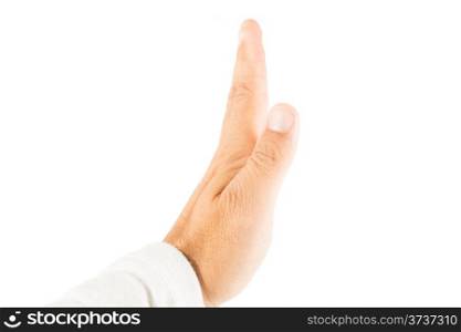 Discharging man hand and white background