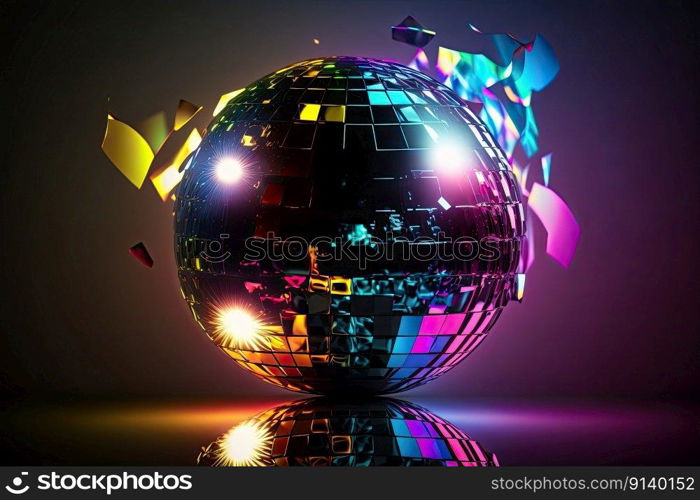 Disco ball 80s dance music party. 90s mirror lights retro. Illustration Generative AI 