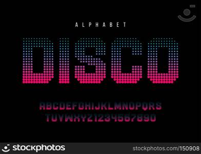 Disco dotted halftoned display font design, alphabet, typeface, letters and numbers, typography. Swatch color control.. Disco dotted halftoned display font design, alphabet, typeface,