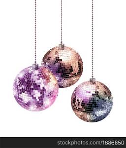 Disco glitter mirror Christmas balls hanging on white background
