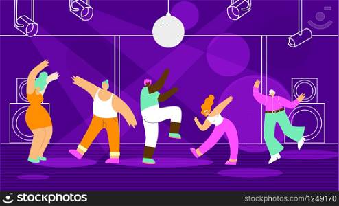 Disco Party or Dancing Marathon in Night Club Flat Vector Concept with Dancing and Having Fun on Dance Floor Multinational Men and Women Characters Illustration. People at Discotheque. Night Life