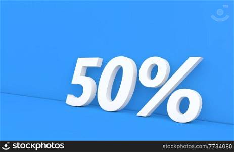 Discount 50 percent off sale. White numbers on a blue background. 3d render illustration. . Discount 50 percent off sale. White numbers on a blue background.  