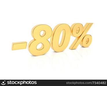 Discount - 80 percent gold numbers on a white background. 3d render illustration.. Discount - 80 percent gold numbers on a white background.