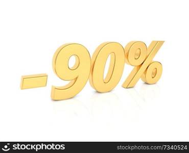 Discount - 90 percent gold numbers on a white background. 3d render illustration.. Discount - 90 percent gold numbers on a white background. 