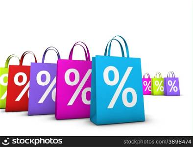 Discount, sale and shops offers concept with a lot of colorful shopping bags with frontal percent symbol isolated on white background.