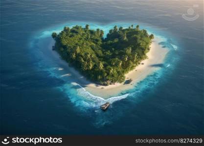 Discover a heart-shaped island from a bird’s eye view with a boat anchored nearby in crystal clear water. Perfect for travel and love concepts. AI Generative.
