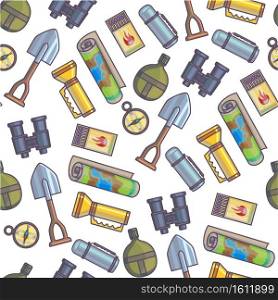 Discoveries or traveling kit, seamless pattern of shovel, flask with water, binoculars and matches, compass and thermos, flashlight. Journey or c&ing essentials, hobby. Vector in flat style. Expedition kit, map and shovel for traveling seamless pattern