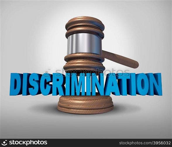 Discrimination law concept as a legal metaphopr for injustice in society as a judge gavel coming down on text as a 3D illustration.