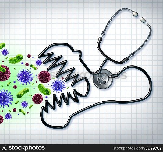 Disease fighting medical health concept as a stethoscope in the shape of a fearless monster attacking human cancer virus and bacteria cells as a symbol of doctor hospital care and precribed medicine to fight illness.