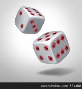 Disease infection chance concept as dice with pips shaped as virus cells as covid-19 or coronavirus and flu or influenza cantagion as the risks or prevention of contracting viral infections as a 3D render.