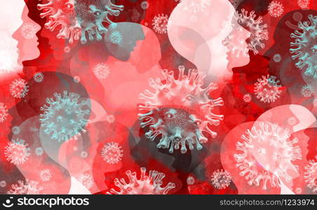 Disease outbreak and coronavirus infectious symptoms and coronaviruses influenza spread as dangerous flu strain cases as a pandemic medical health risk concept with disease cells as a 3D render.