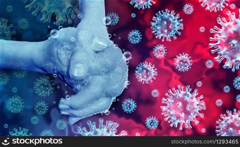 Disease prevention and hand washing hygiene using soap and water to clean dirty contaminated skin to avoid illness or the flu by handwashing and cleaning fingers with 3D illustration elements.