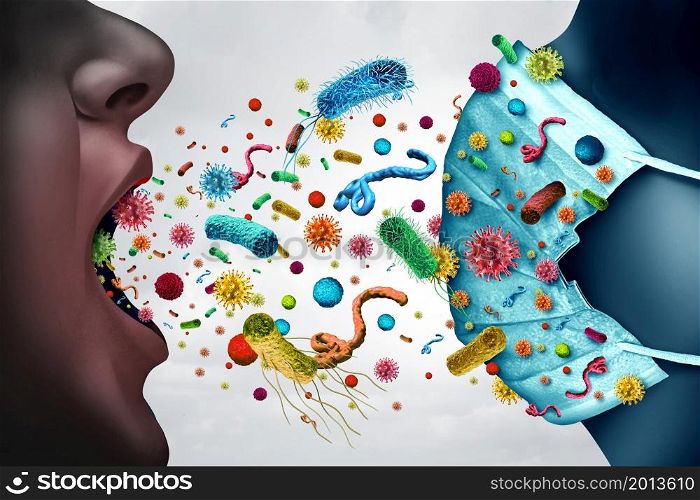 Disease prevention concept with infectious pathogens spreading as a medical symbol of preventing illness from germ virus and airborne bacteria as contagious spread stopped by a face mask with 3D illustration elements.
