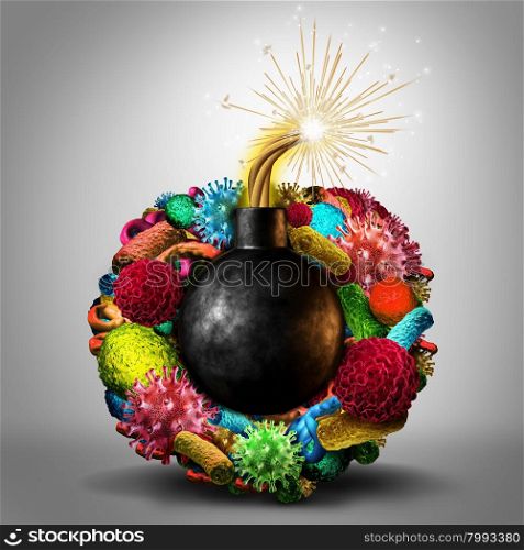 Disease time bomb medical health risk concept as a group of viruses bacteria and disease cells shaped as a lit bomb as a deadly risk metaphor for human infection risk.